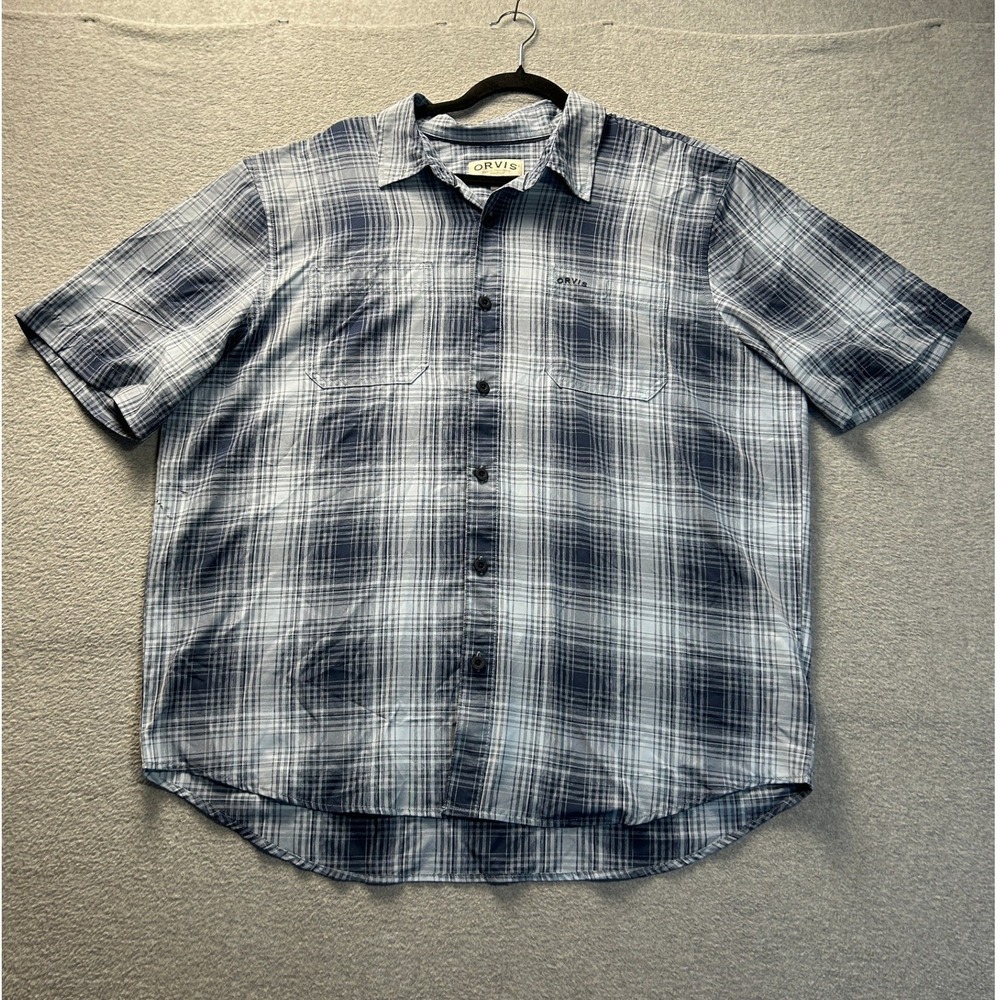 Orvis Button Up Shirt Mens XL Blue Plaid Short Sleeve Classic Collection Outdoor